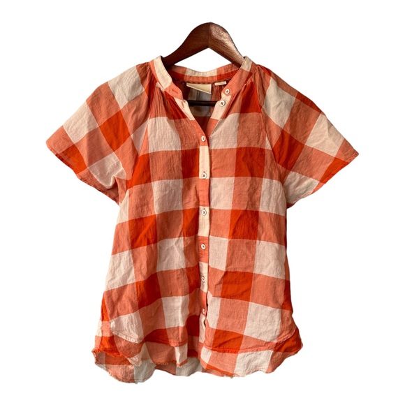 Anthropologie Maeve Orange Gingham Button Down Short Sleeve. Size XS - Picture 2 of 11